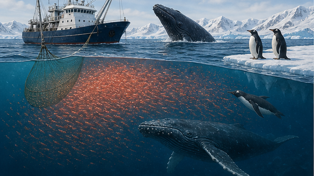 A trawler fishing for krill in the Southern Ocean with penguins and whales feeding nearby