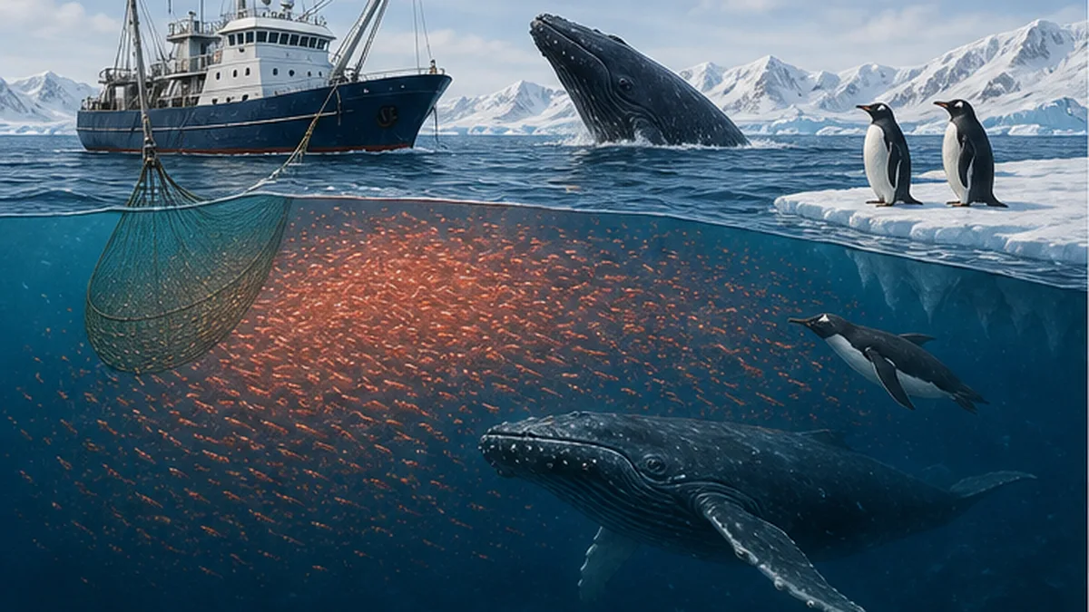 A trawler fishing for krill in the Southern Ocean with penguins and whales feeding nearby