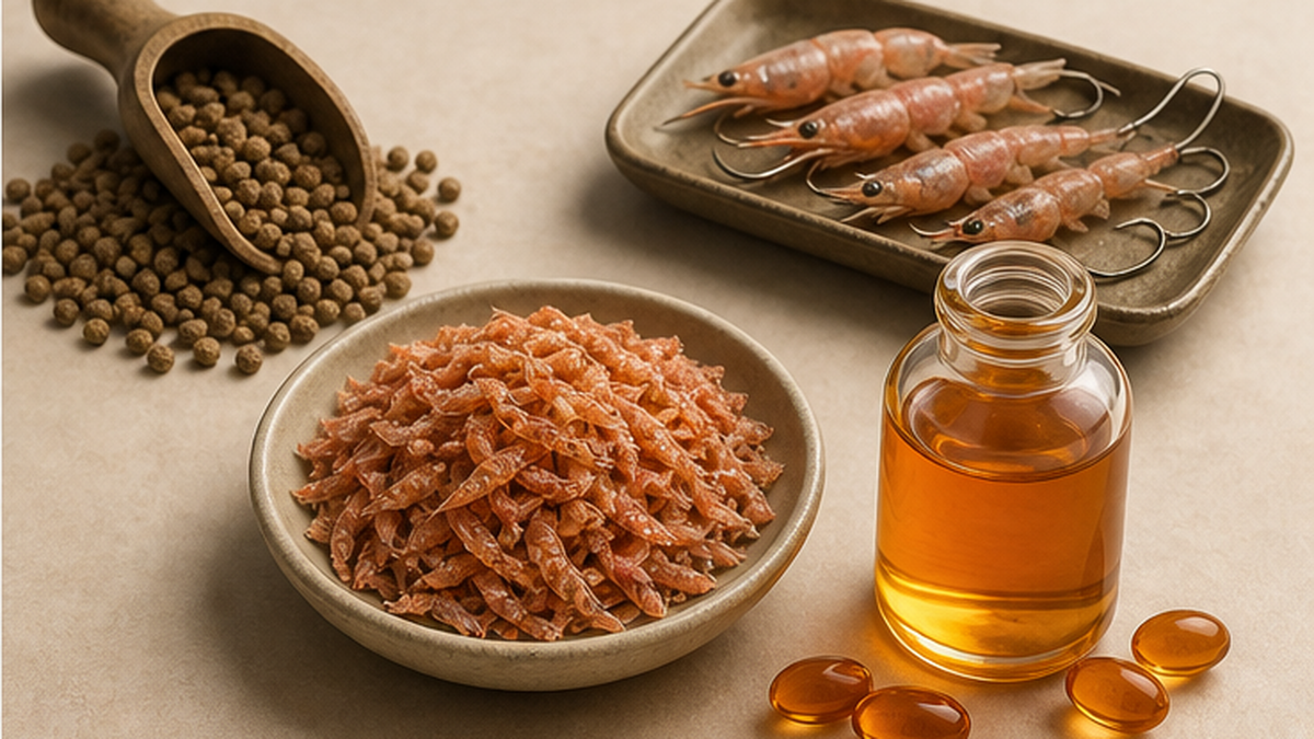 Diagram of krill uses across aquaculture feed, fishing bait and krill oil supplements