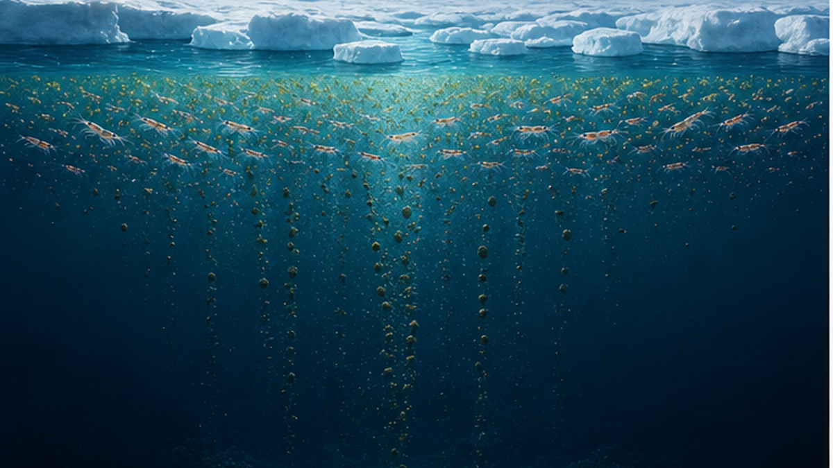 Diagram showing krill faecal pellets sinking from the surface into the deep ocean, carrying carbon