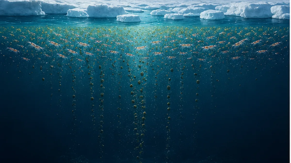 Diagram showing krill faecal pellets sinking from the surface into the deep ocean, carrying carbon