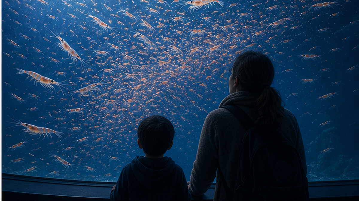 A child and an adult seen from behind, watching a swarm of krill through an aquarium tank