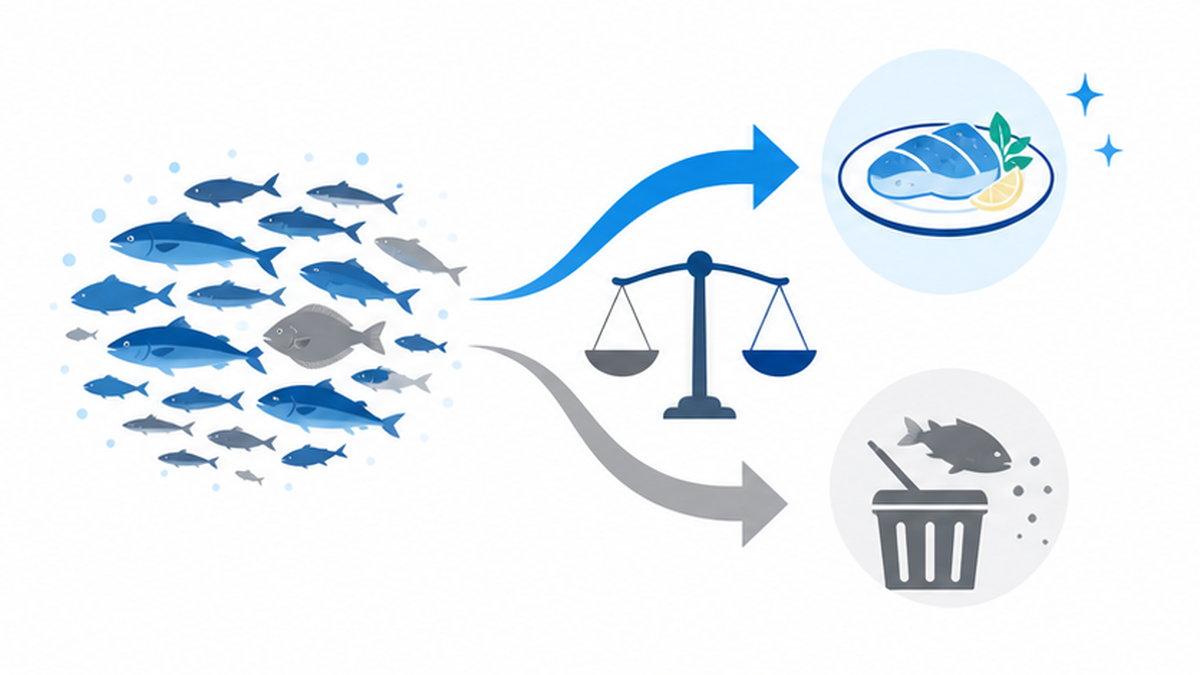 水揚げされた魚が選別され、一部が価値化され一部が廃棄される流れを対比した図解