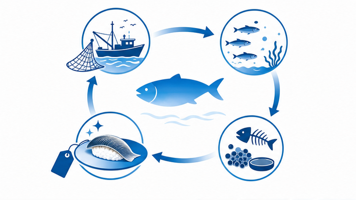 獲る・育てる・使い切る・価値を高めるという天然魚プロジェクトの4段階を示す循環図