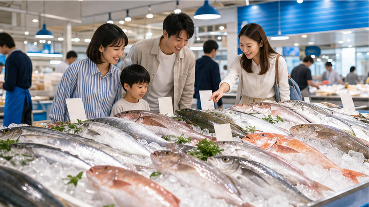多様な天然魚が並ぶ鮮魚市場の店頭と、興味深そうに魚を選ぶ買い物客のイメージ