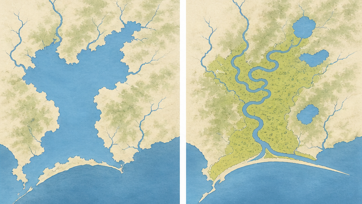 約6000年前の古釧路湾と現在の釧路湿原の範囲を比較した地図イメージ