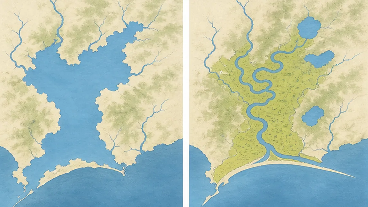 約6000年前の古釧路湾と現在の釧路湿原の範囲を比較した地図イメージ