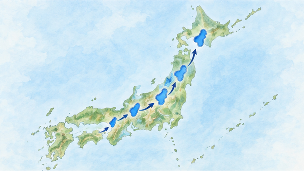 地質時代を通じて位置を変えながら移動する古代の湖のイメージ図