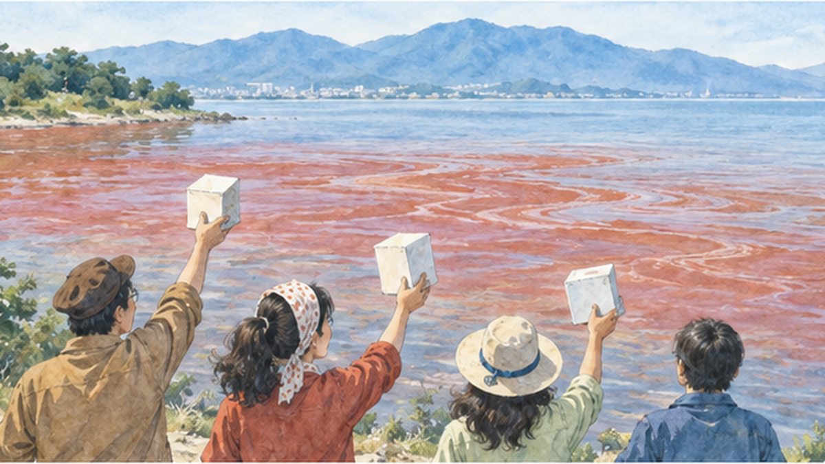 湖面に広がる赤潮と、粉石けんを手にする市民運動のイメージ