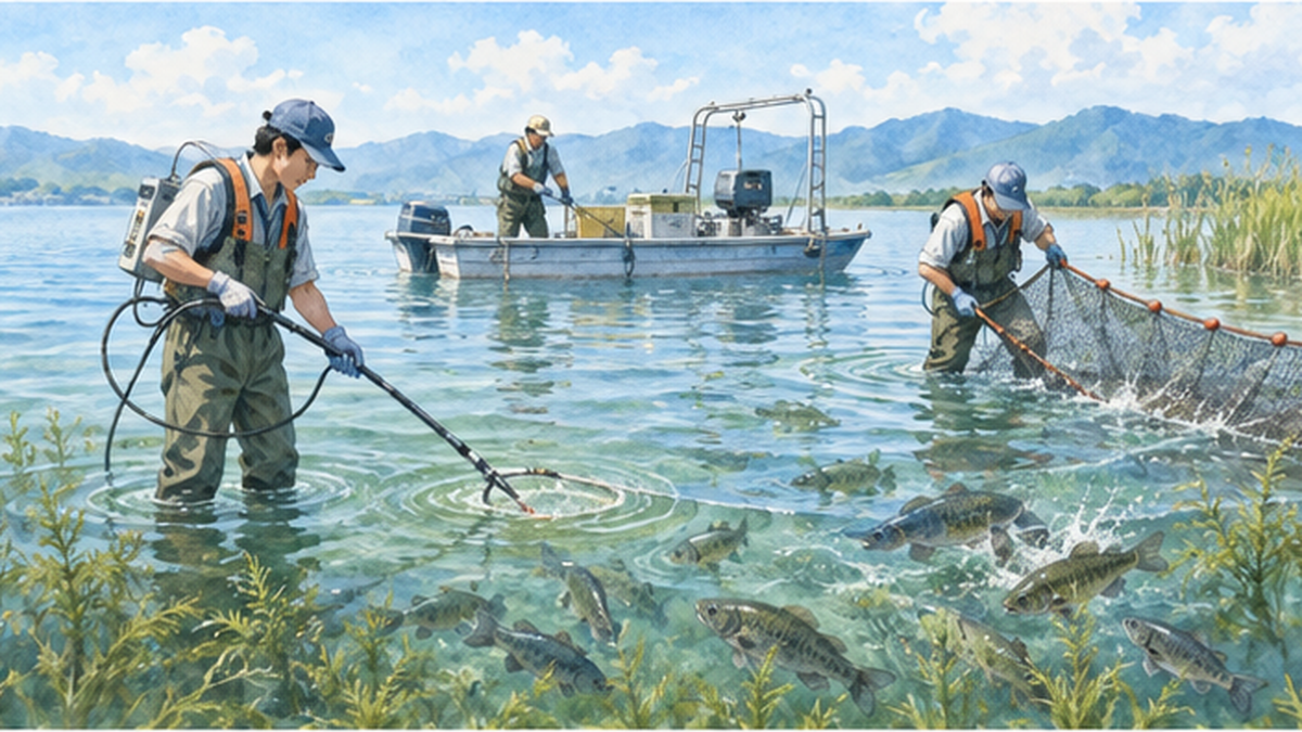琵琶湖の外来魚駆除作業の様子を描いたイメージ