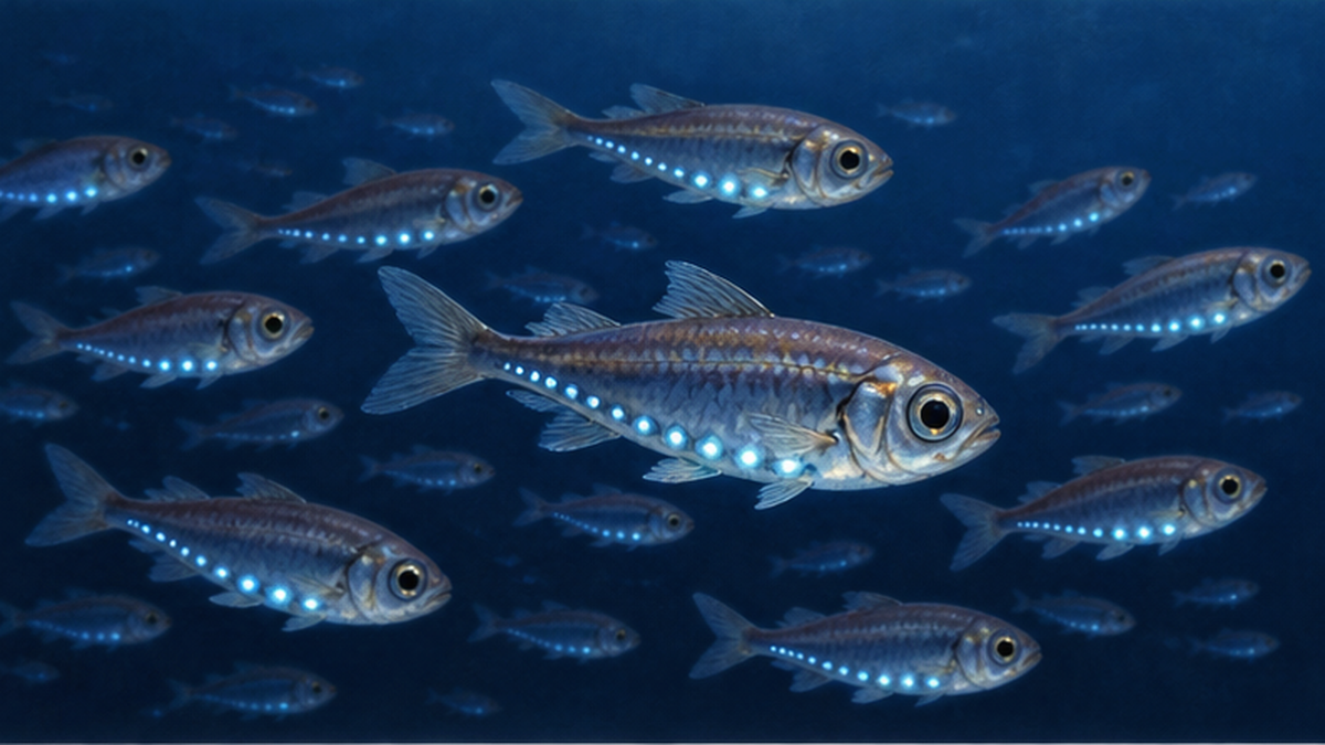 海中を群れで泳ぐハダカイワシと体側に並ぶ小さな発光器