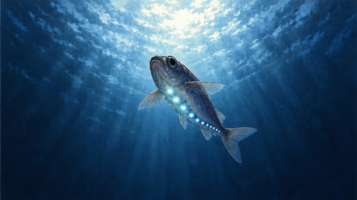 暗い海中で腹側の発光器を光らせて下からの影を消すハダカイワシ