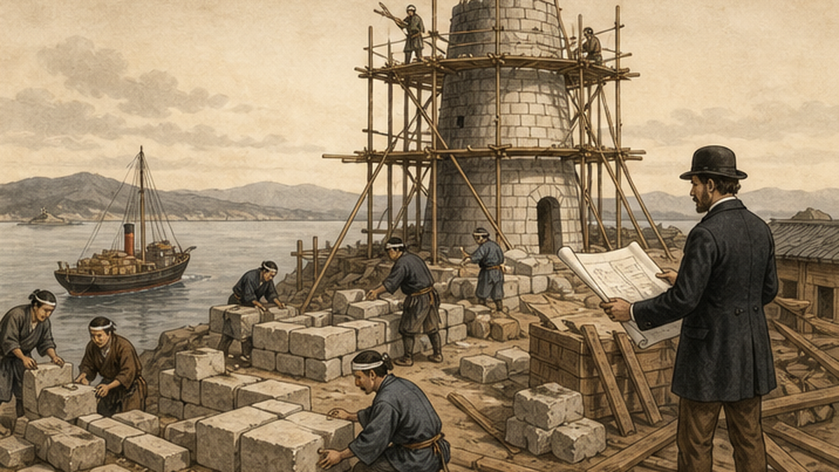 描绘明治初期灯塔建设现场的插图：垒石的工匠与手持图纸的工程师