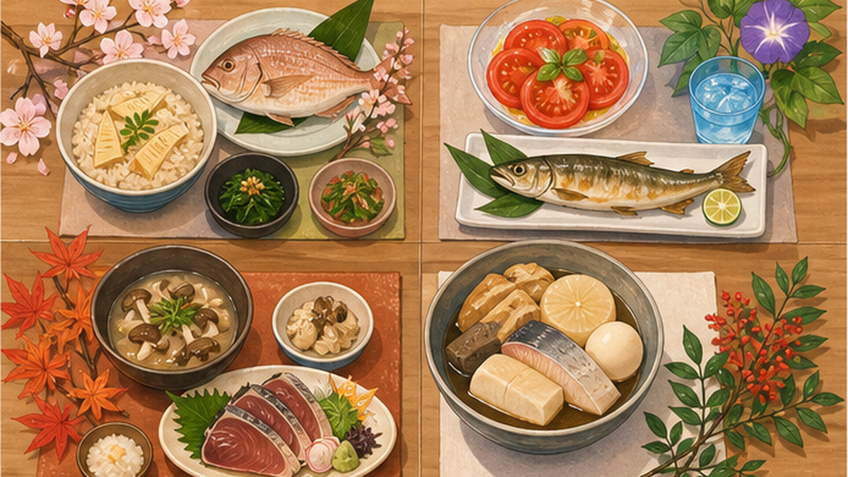 四季それぞれの旬の野菜と魚が並ぶ食卓のイラスト