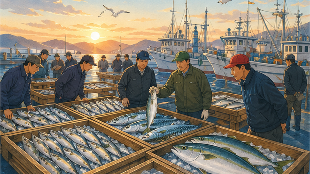 漁港で水揚げされたばかりの魚を選ぶ漁師と魚屋のイラスト