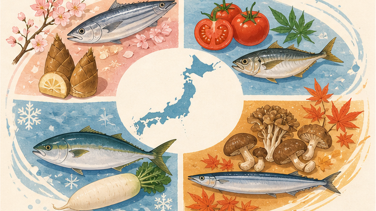 春夏秋冬の旬の魚と野菜を円形カレンダーのように配置したイラスト