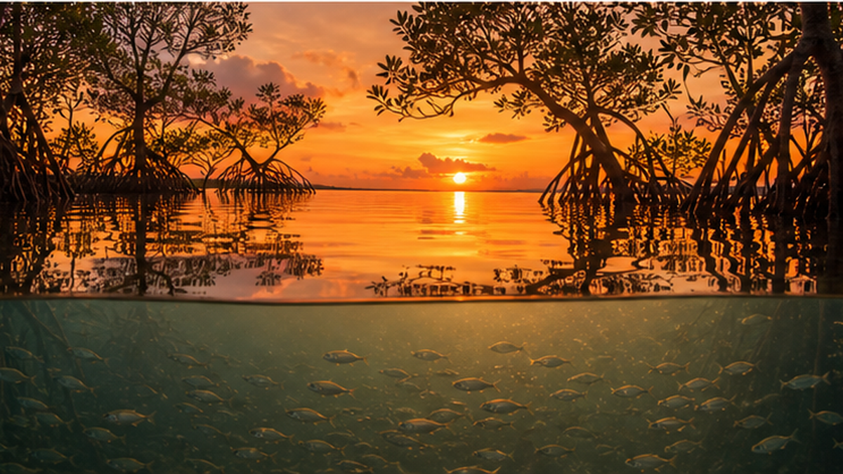 A mangrove forest at dusk with schools of juvenile fish beneath the surface