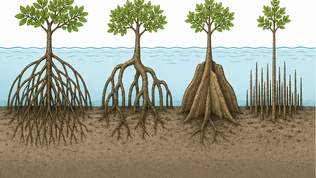 Comparison diagram of four root types: prop roots, knee roots, buttress roots and pneumatophores