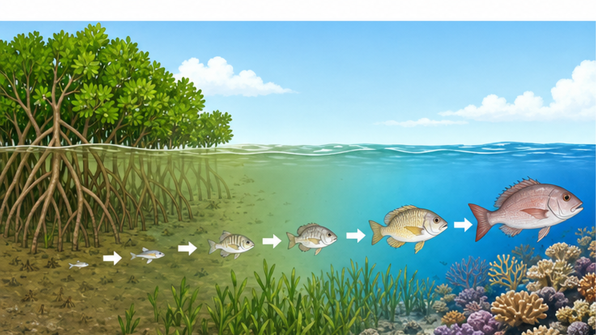Cross-section showing fish life stages moving from mangroves through seagrass beds to coral reefs