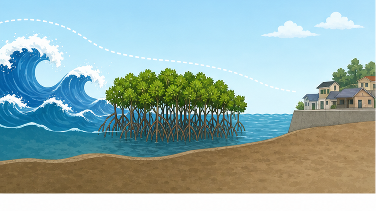 Cross-section showing how mangroves attenuate storm surge waves