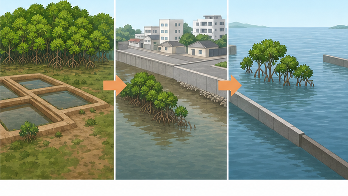 Diagram of three threats: conversion to shrimp ponds, reclamation and sea level rise
