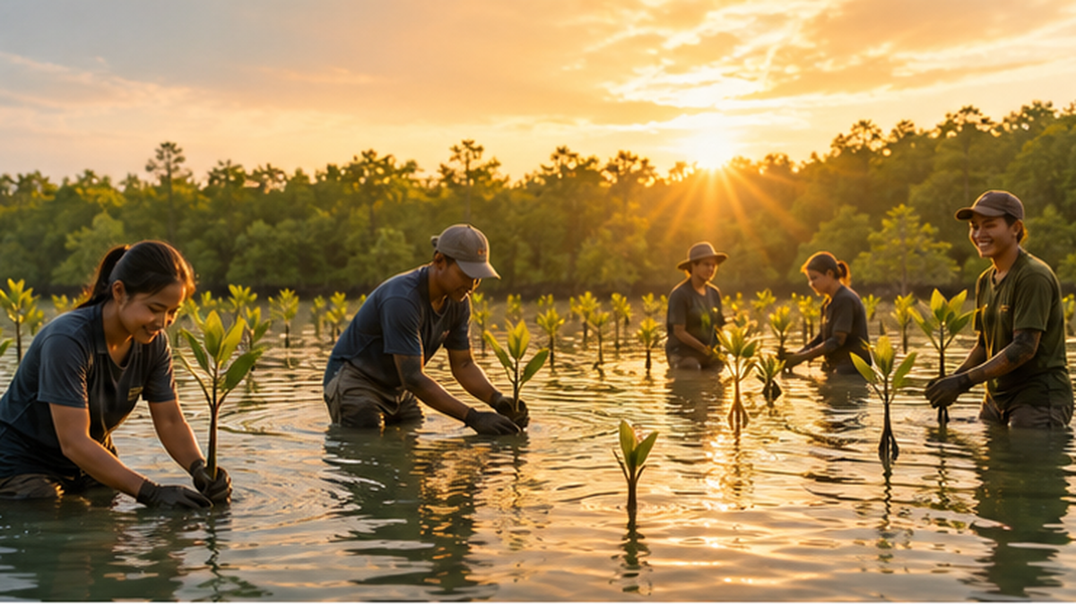 People carrying out mangrove restoration work