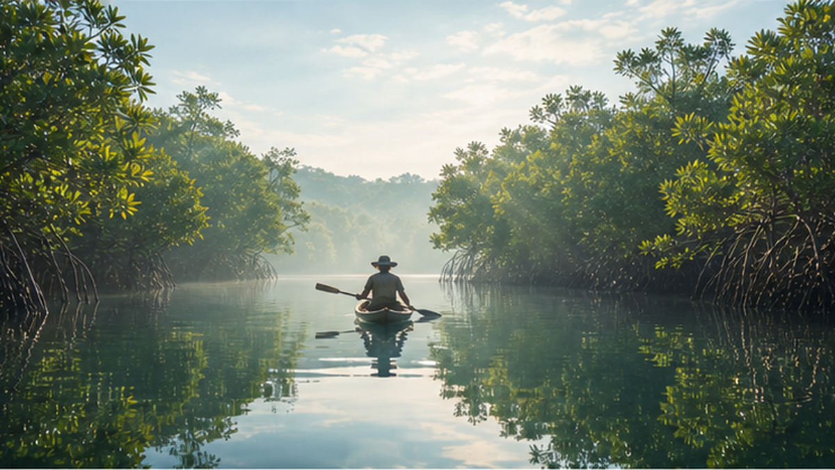 An observation tour making its way by canoe through a mangrove waterway