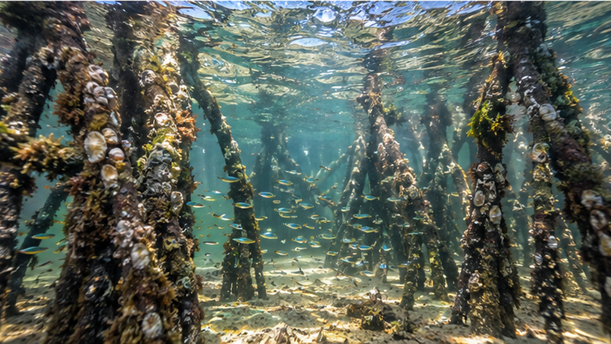マングローブの根の間を泳ぐ稚魚の群れ