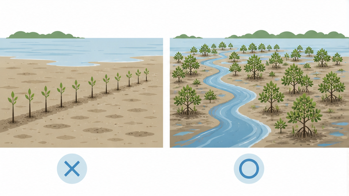 整然と苗を並べた植林と、水路を復元する再生手法を比べた図解