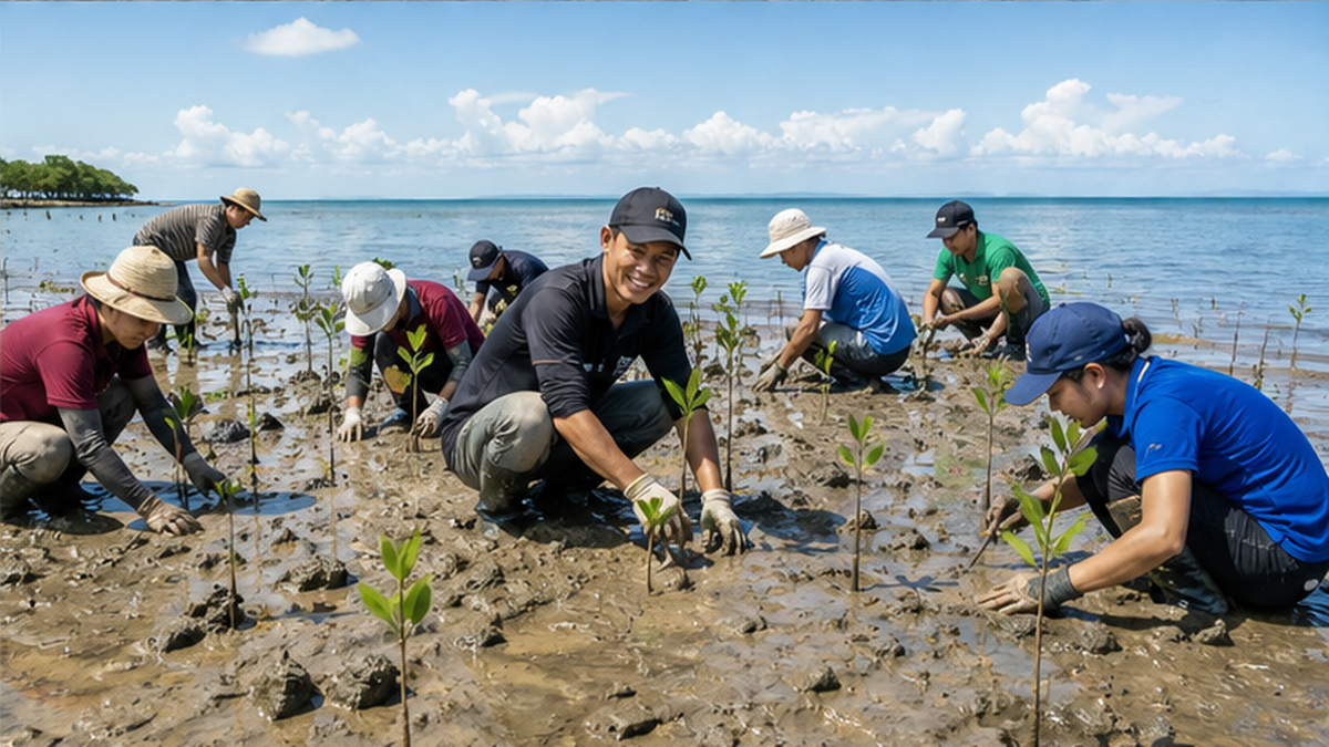 東南アジアの海岸で地域住民が協力してマングローブを育てる様子の写真