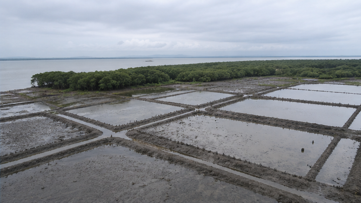 伐採されてエビ養殖池に変わった海岸と、残されたマングローブの対比写真