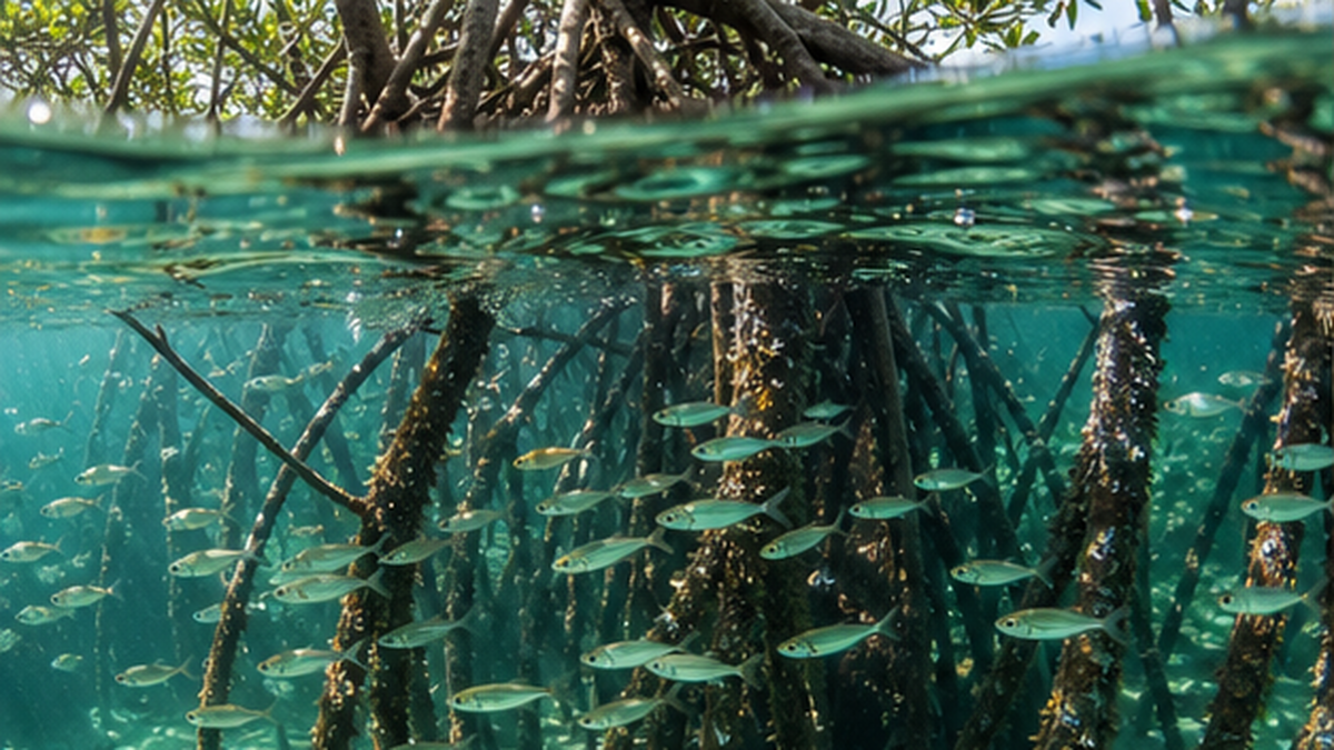 マングローブの水中の根の間を泳ぐ小さな稚魚の群れの写真