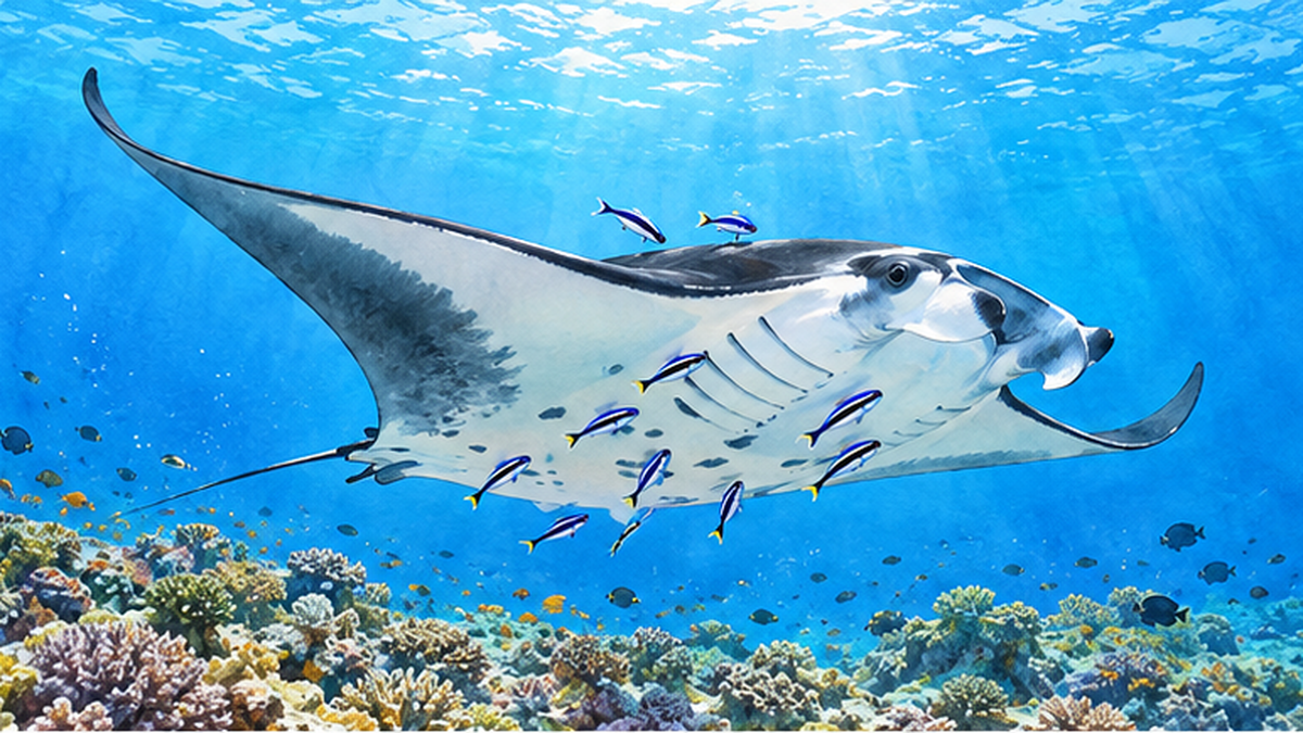 サンゴ礁のクリーニングステーションで小魚に体を掃除してもらうナンヨウマンタのイラスト