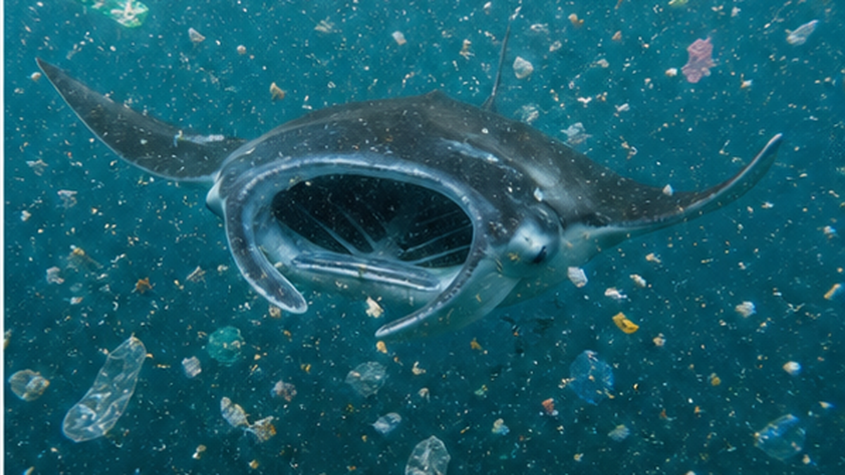 プランクトンに混じって漂う細かなプラスチック片と、その中を口を開けて泳ぐマンタ