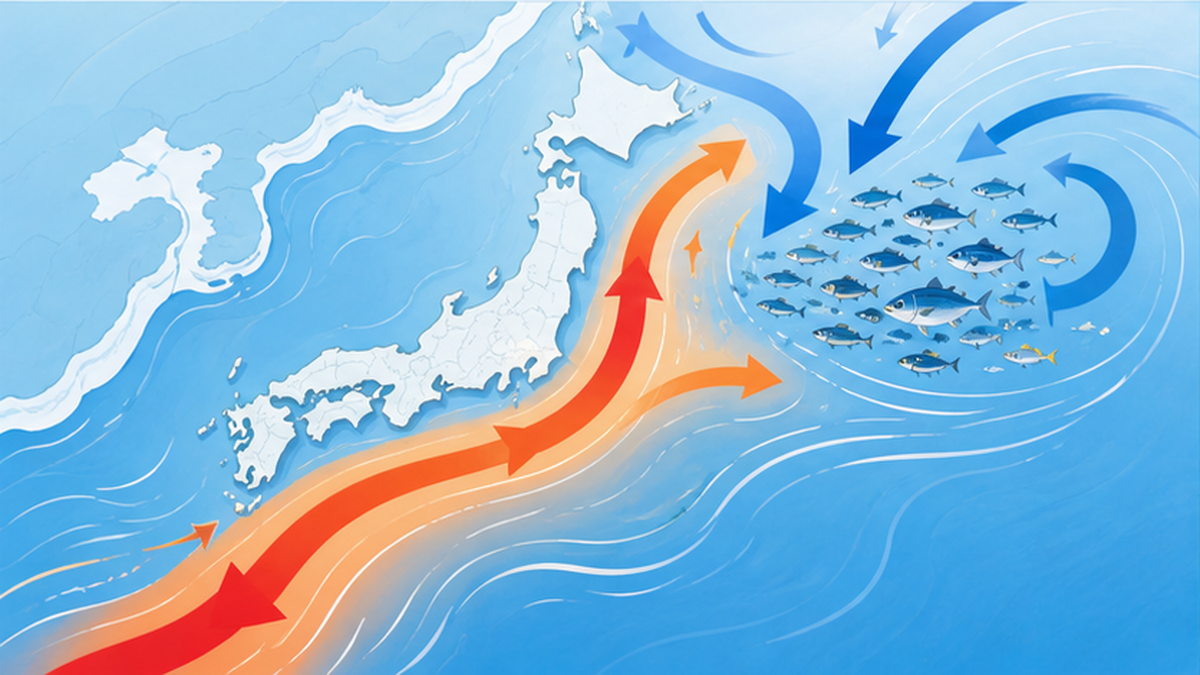 黒潮と親潮が日本の東で交わり混合域をつくる流れの模式図