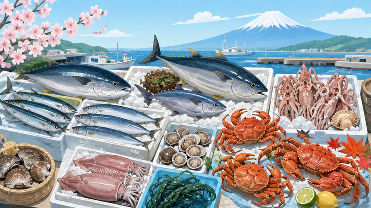 日本の多様な魚介が並ぶ市場と季節ごとの旬の魚