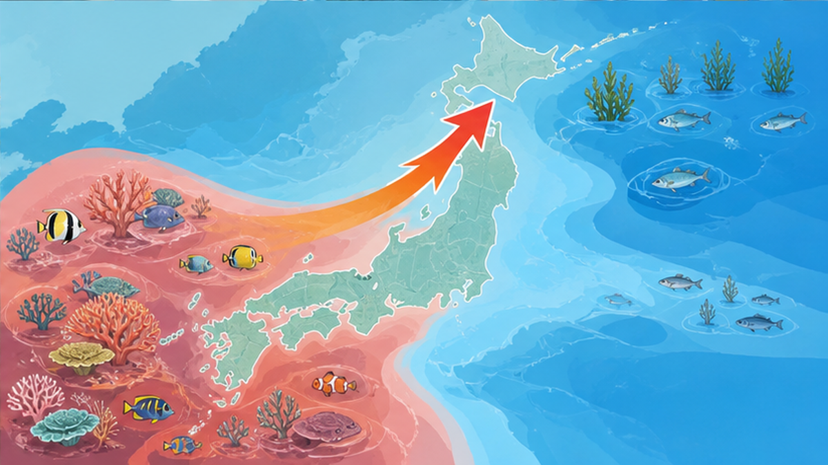 海水温上昇でサンゴや魚の分布が北へ広がる様子を示す日本地図