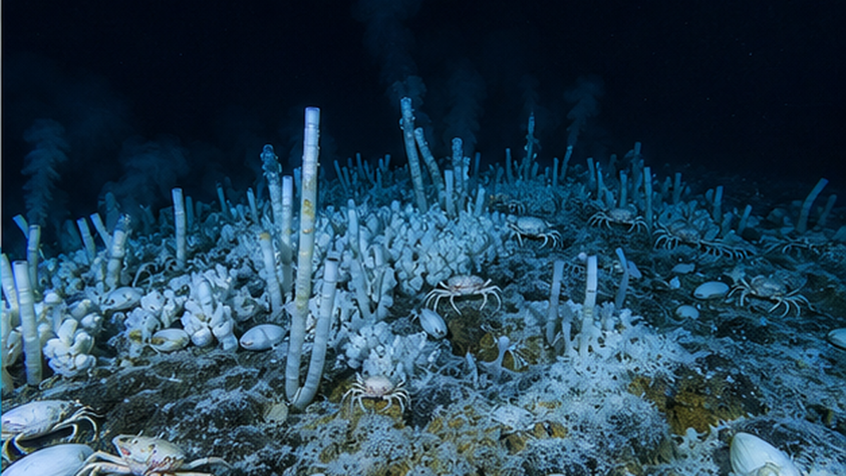 海底の化学合成生態系に集まる深海のチューブワームや貝の群集