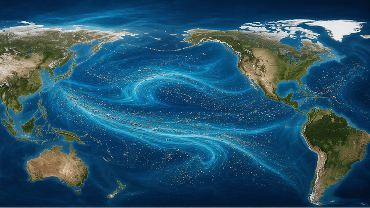 A schematic image showing the flow of drifting debris carried by ocean currents