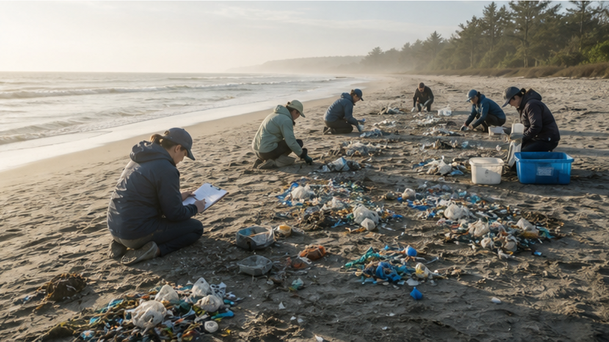 A survey team classifying and recording drifted debris on a beach