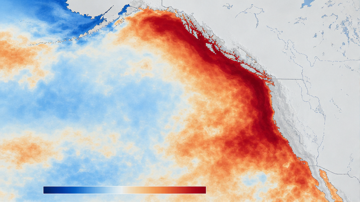 北東太平洋の海面水温アノマリーを示す地図。アラスカ湾から西海岸沖にかけて赤い高温域が広がっている