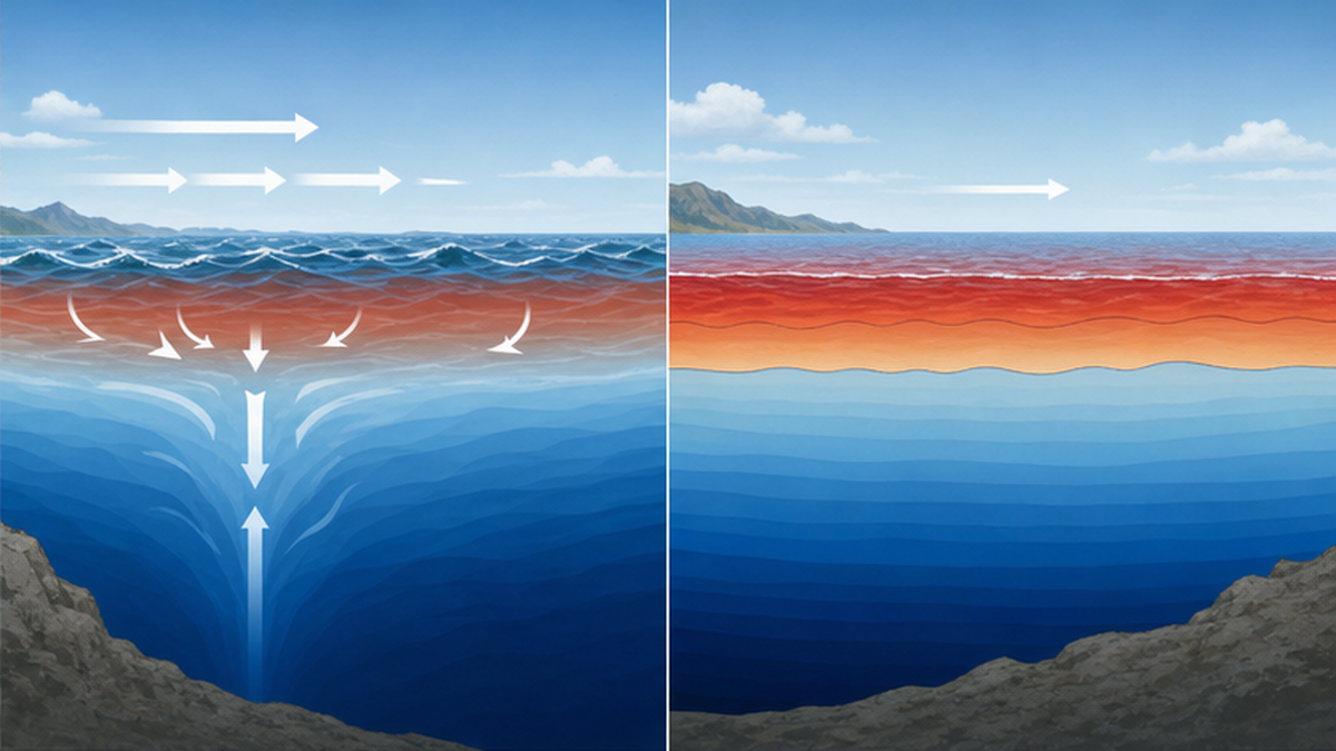 海の断面図。強い風があると表層と深層が混ざるが、風が弱いと暖かい表層水が成層化してたまる様子の対比