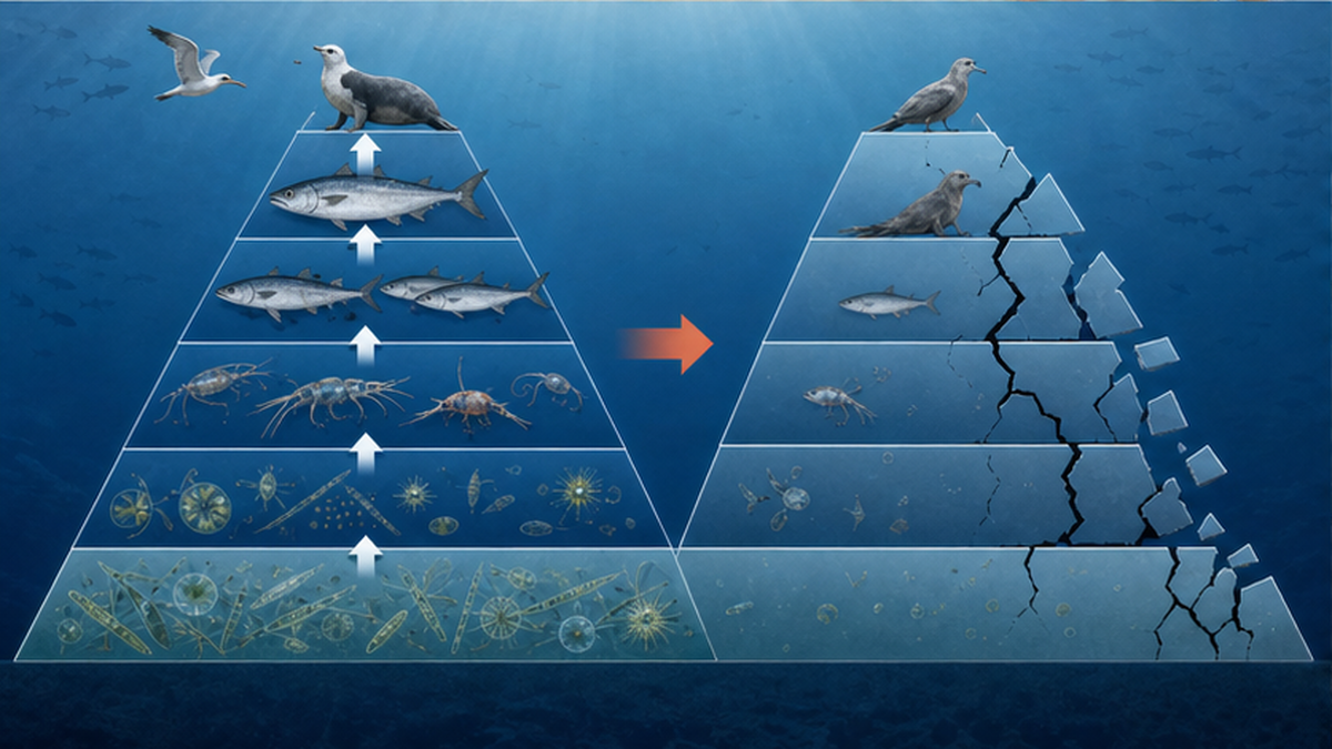 海の食物網ピラミッド。植物プランクトンを底辺に、動物プランクトン、小魚、大型魚・海鳥・海獣へと積み上がる構造