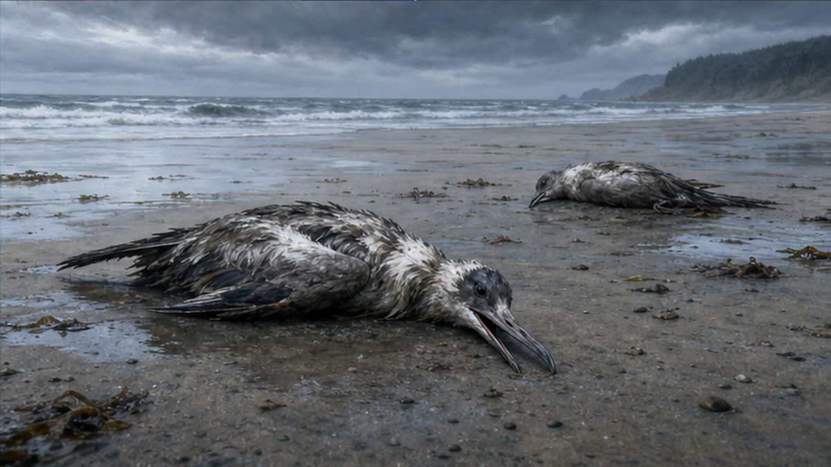 荒れた砂浜に打ち上げられた、やせ細った海鳥のイメージ。曇り空と冷たい波
