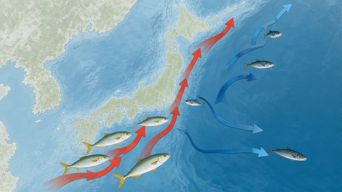 日本列島周辺の海図。暖水性のブリ・サワラが北上する矢印と、冷水性のスルメイカ・サンマが北や沖へ退く矢印