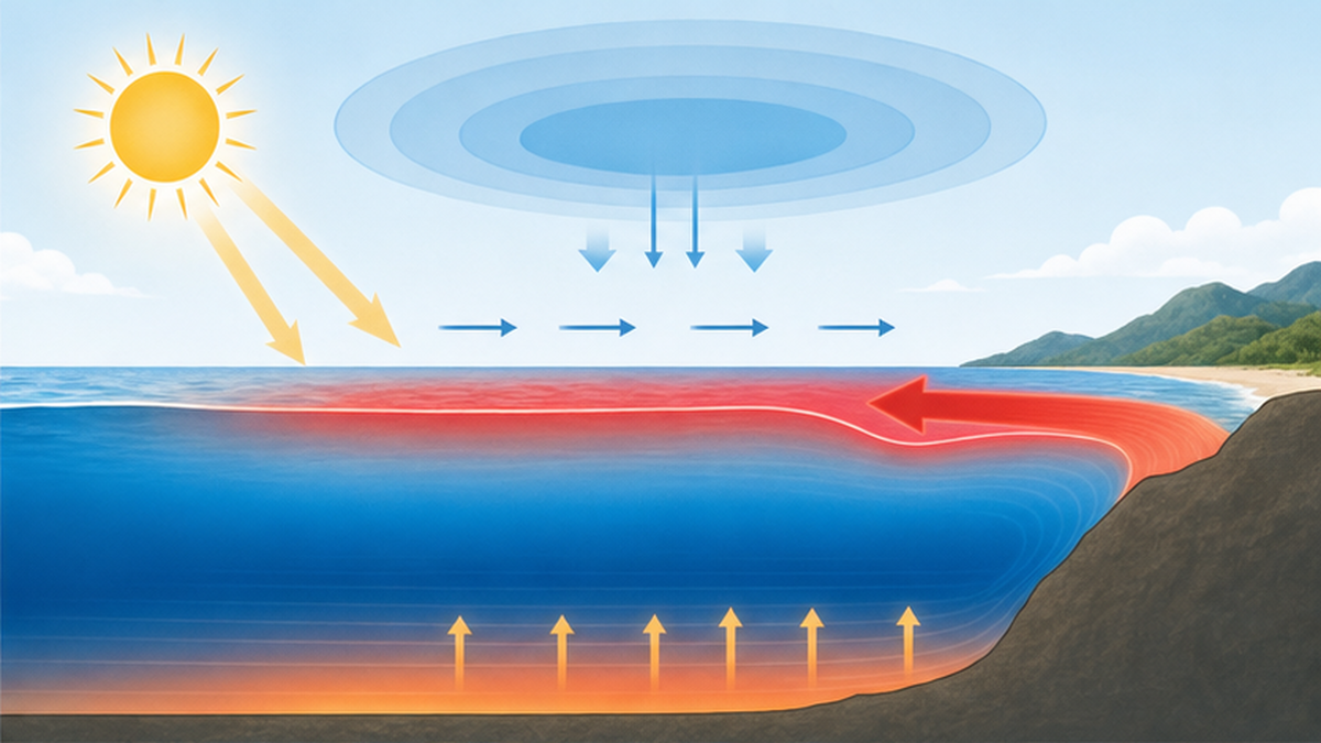 海洋熱波を生む要因を示した模式図。日射・弱風・高気圧・暖流・温暖化の底上げが表層の高水温につながる様子