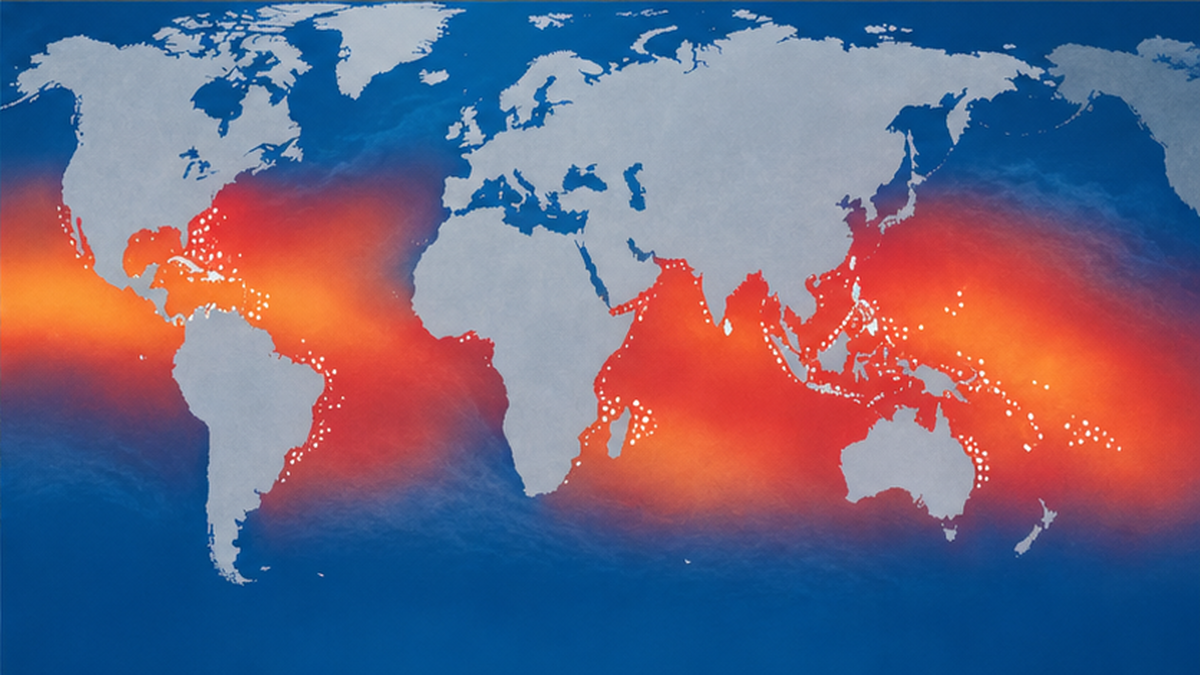 世界地図上に太平洋・大西洋・インド洋の広範囲な海洋熱波域が暖色で示された模式図
