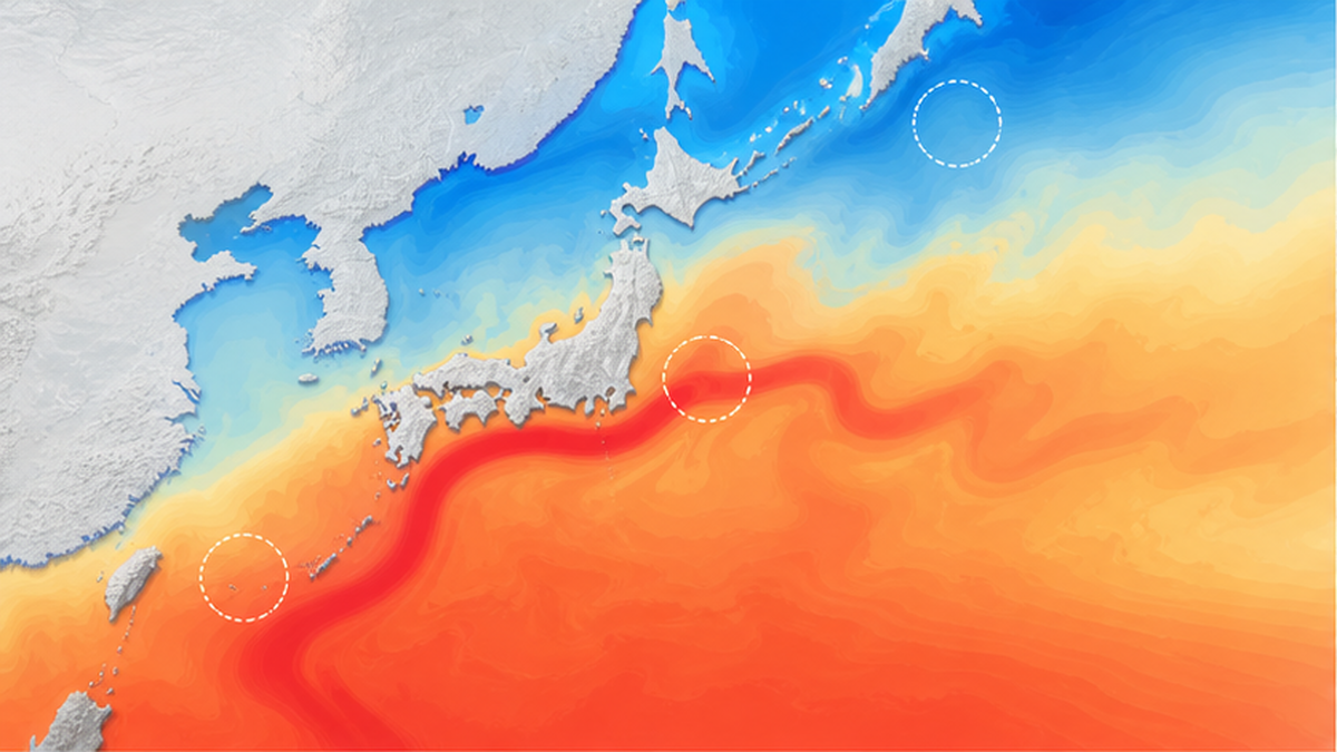日本列島周辺の海面水温上昇を暖色で示した地図と、100年あたり1.33度の上昇を強調したイメージ