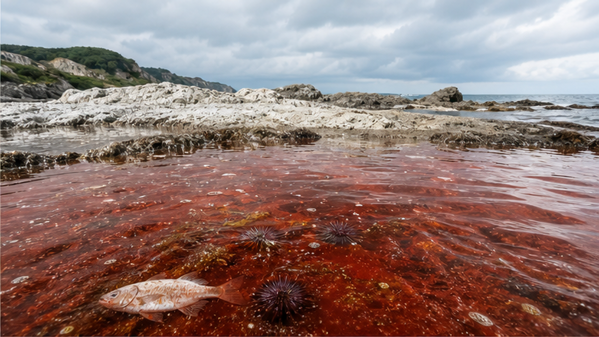 赤潮で濁った海と、大量死した魚介類、裸になった磯焼けの岩場を組み合わせた漁業被害のイメージ