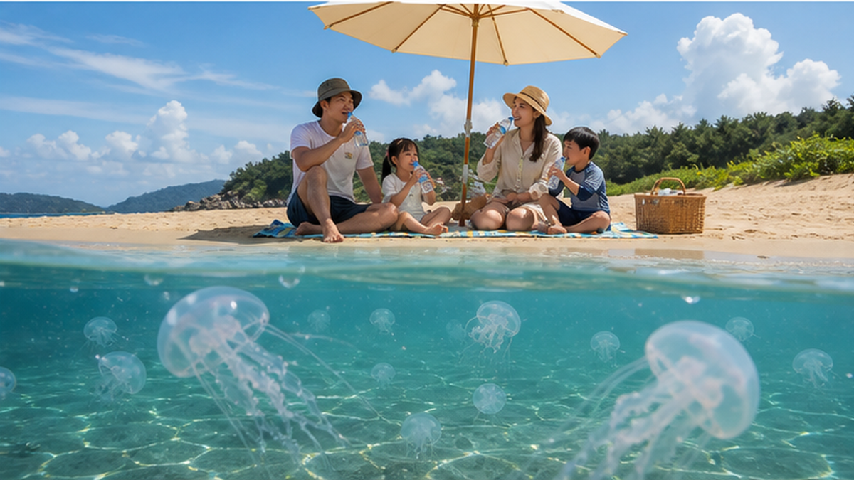 クラゲが漂う夏の海と日陰で休憩する家族の様子